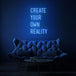 Neon letters met tekst "create your own reality" in kleur blauw