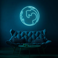 Neonlamp van een wereldbol in kleur cyaan