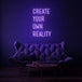 Neon letters met tekst "create your own reality" in kleur paars