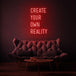 Neon letters met tekst "create your own reality" in kleur rood