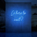 Neon letters met tekst "Where to next?" in kleur blauw
