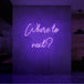 Neon letters met tekst "Where to next?" in kleur paars